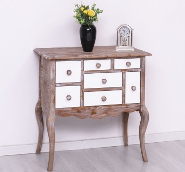 Console with curved legs and 7 multicolored drawers