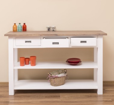 Console with 2 shelves, 3 drawers, oak top