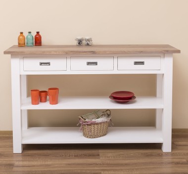 Console with 2 shelves, 3 drawers, oak top