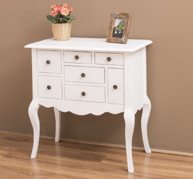 Console with curved legs and 7 multicolored drawers