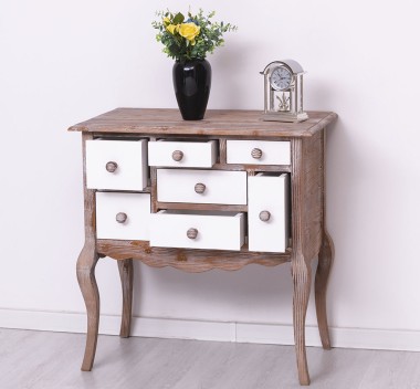 Console with curved legs and 7 multicolored drawers