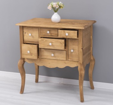 Console with curved legs and 7 multicolored drawers