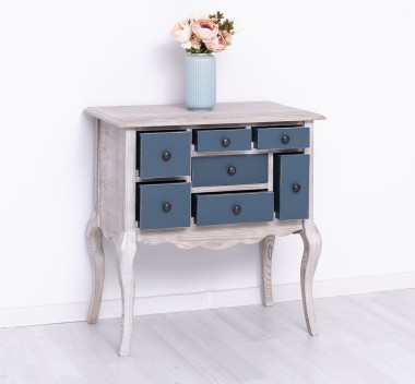 Console with curved legs and 7 multicolored drawers