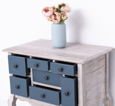 Console with curved legs and 7 multicolored drawers