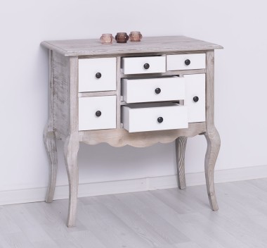 Console with curved legs and 7 multicolored drawers