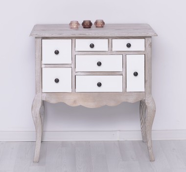 Console with curved legs and 7 multicolored drawers