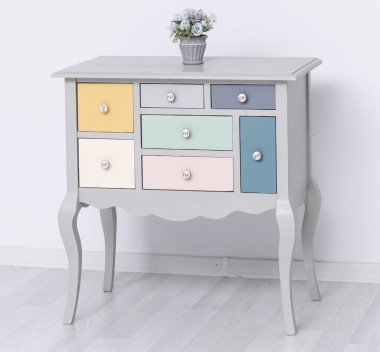 Console with curved legs and 7 multicolored drawers