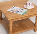 Coffee table with turned legs and a low shelf , top oak