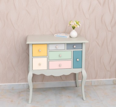 Console with curved legs and 7 multicolored drawers