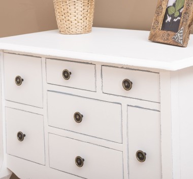 Console with curved legs and 7 multicolored drawers