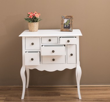 Console with curved legs and 7 multicolored drawers