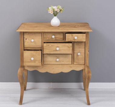 Console with curved legs and 7 multicolored drawers