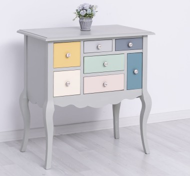 Console with curved legs and 7 multicolored drawers