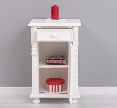 Nightstand with ornaments, 1 door and 1 drawer