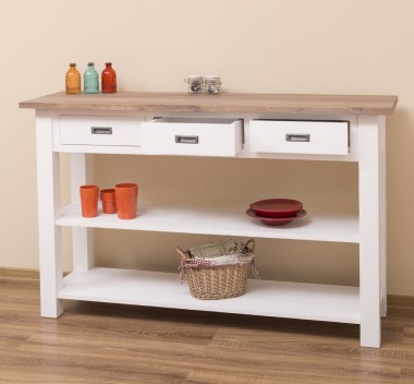 Console with 2 shelves, 3 drawers, oak top