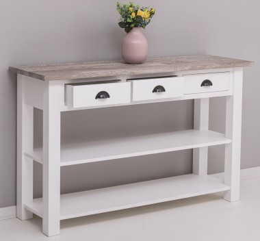 Console with 2 shelves, 3 drawers, oak top