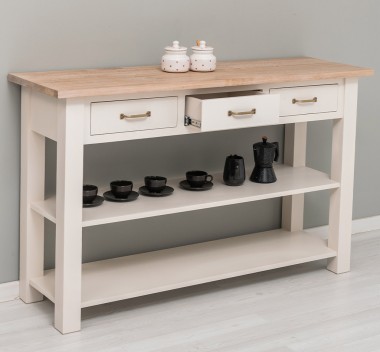 Console with 2 shelves, 3 drawers, oak top