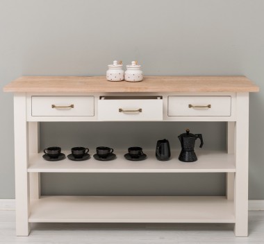 Console with 2 shelves, 3 drawers, oak top