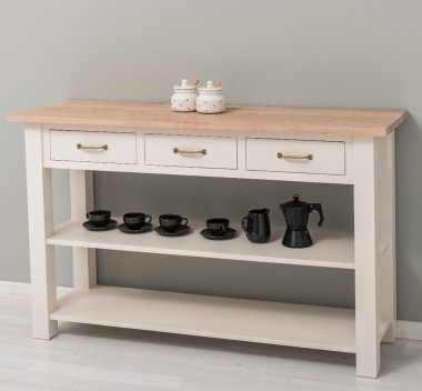 Console with 2 shelves, 3 drawers, oak top