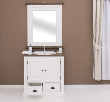 Bathroom cabinet with a sink included in the price, with oak top and small mirror with oak cornice