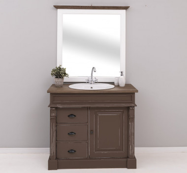 Ornamented bathroom cabinet with 3 drawers and 1 door, with oak top + mirror with oak cornice