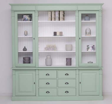 Bookcase with 2 doors, 6 BAS drawers + 2 glass doors, open space