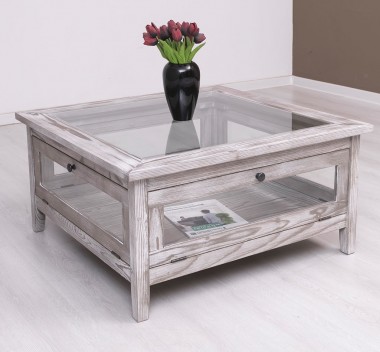 Square coffee table with glass and glass doors 90x90cm